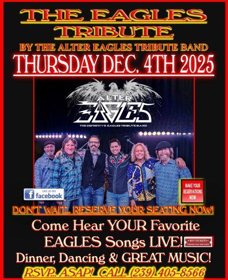 Poster for The Eagles tribute band concert. Features band members, date, and contact info.