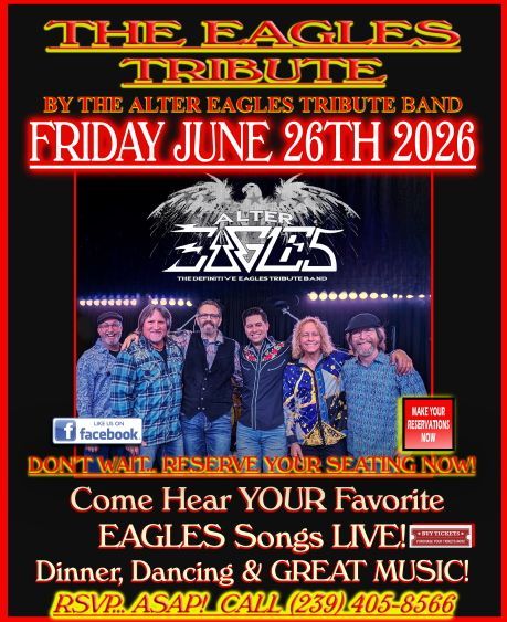 The Eagles Tribute poster for Friday June 26th 2026, with band photo and concert details.