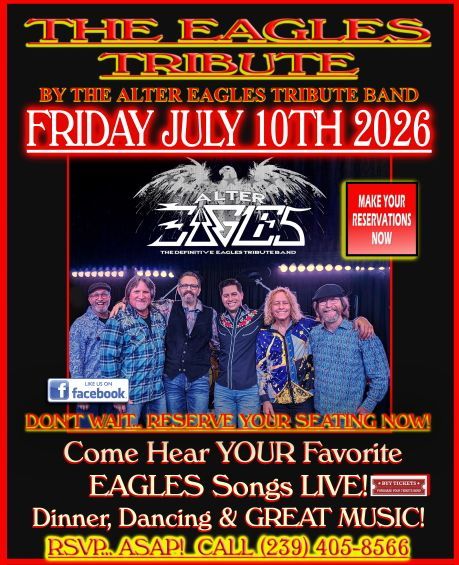 Concert flyer for The Eagles Tribute by The Alter Eagles, Friday July 10th 2026, with band photo and event details