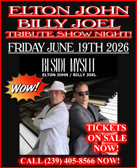Elton John and Billy Joel tribute night poster, Friday June 19th 2026, with ticket and call details