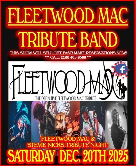 Concert poster for a Fleetwood Mac tribute band, Saturday, December 20, 2025. Red and black color scheme.