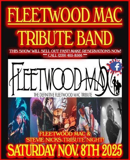 Poster for a Fleetwood Mac tribute band show on Saturday, Nov. 8th, 2025. Features band photos and a Facebook logo.