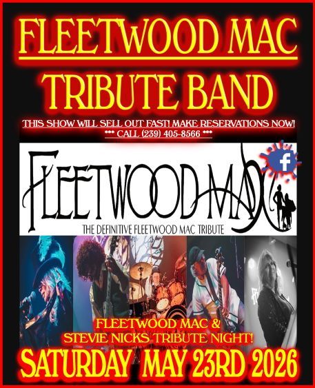 Fleetwood Mac tribute band poster with red and yellow text, band photos, and date: Saturday May 23rd 2026