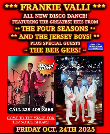 Concert advertisement: Frankie Valli disco dance show with The Four Seasons and The Jersey Boys, special guests The Bee Gees, October 24, 2025.