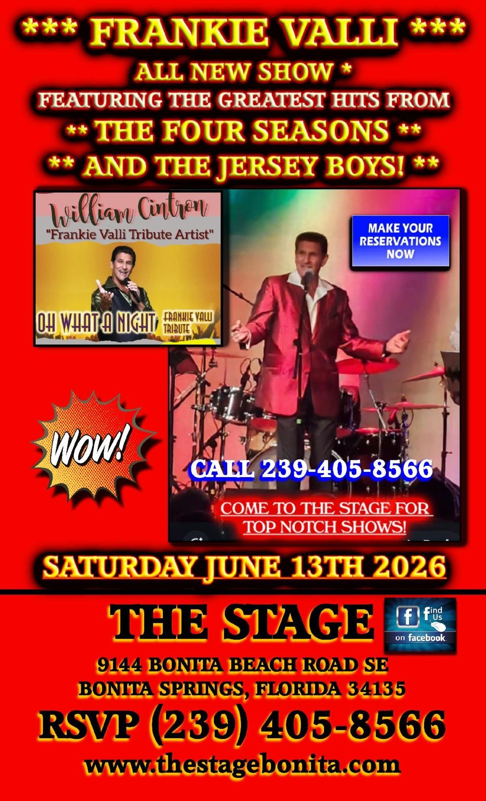 Frankie Valli and the Four Seasons concert poster, Saturday June 13, 2026, at The Stage, Bonita Springs, FL