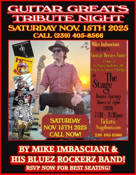 Poster: Guitar Greats Tribute Night, Bonita Springs, featuring Mike Imbasciani & band on Nov. 15, 2025.