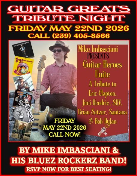 Guitar poster for “Guitar Greats Tribute Night” featuring Mike Iombasciani and his Bluez Rockerz Band, May 22, 2026