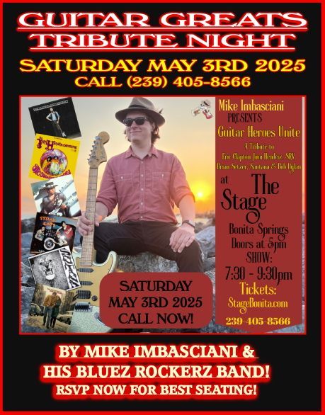 A poster for a guitar greats tribute night on saturday may 3rd 2025