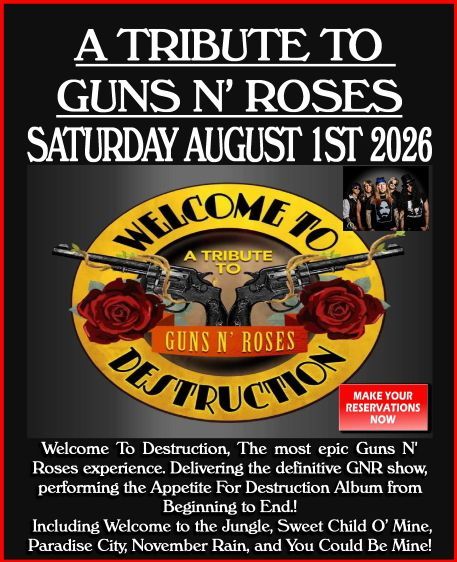 Tribute to Guns N’ Roses concert poster with roses, skull, guitars, and August 1, 2026 date