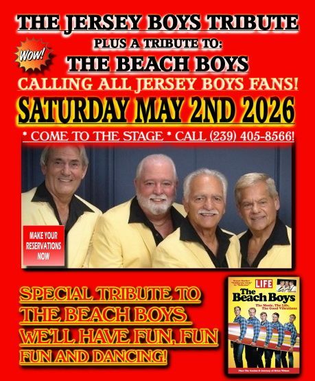 Flyer for a Jersey Boys and Beach Boys tribute show on Saturday, May 2nd, 2026. Call 239-405-8566 for reservations.