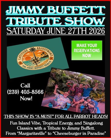 Jimmy Buffett tribute show poster with tropical sunset, palm tree, compass, and event date.
