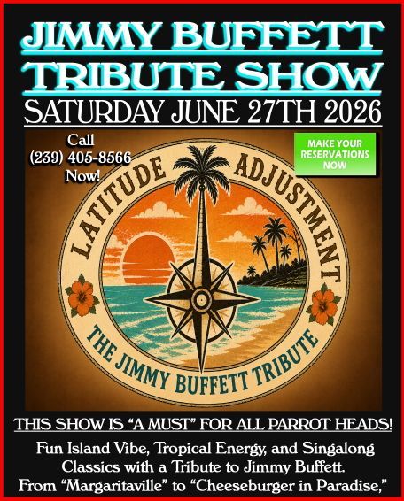 Jimmy Buffett tribute show poster with tropical sunset, palm tree, compass, and event date.