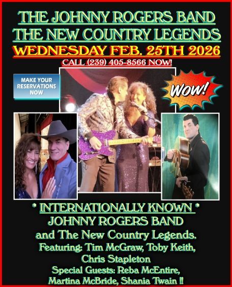Concert flyer: The Johnny Rogers Band and New Country Legends, featuring McGraw, Keith, Stapleton, and special guests.