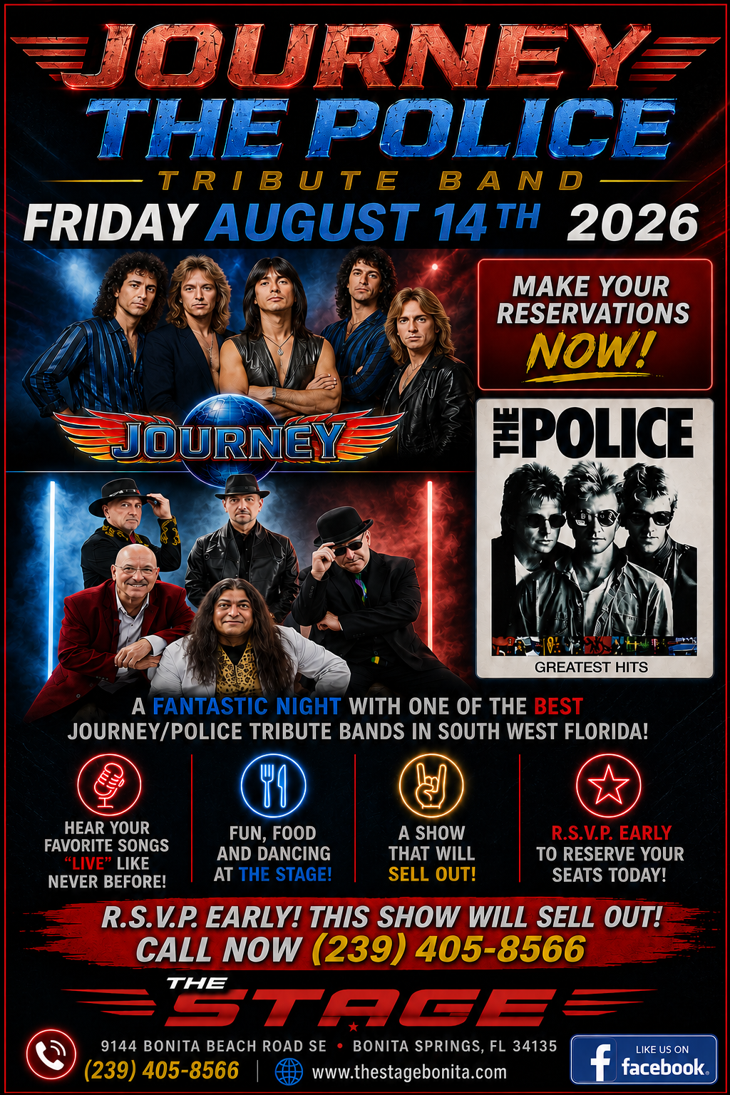 Journey the Police tribute band concert poster, Friday August 14, 2026, with band photos and ticket info.