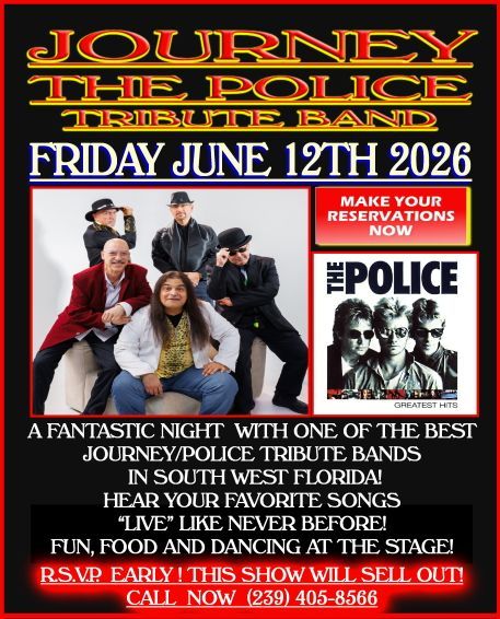 Poster for Journey, The Police, and Tribute Bands on Friday June 12th 2026, with RSVP details and band photos