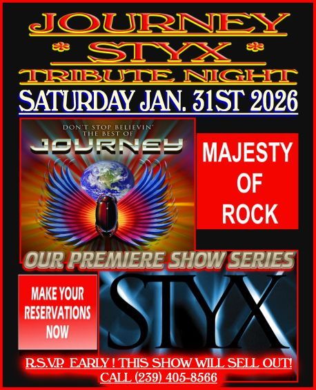 Poster for a Journey and Styx tribute night on January 31st, 2026. Features the bands' logos and calls for reservations.