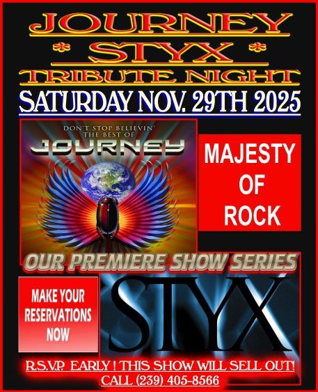 Poster for a Journey and Styx tribute night on November 29, 2025. Features band logos and RSVP information.