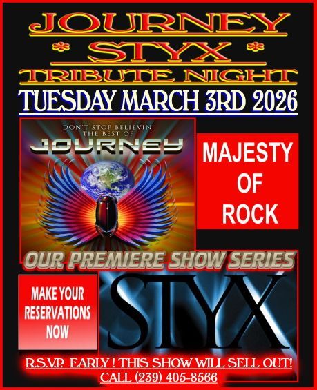 Concert poster for a Journey and Styx tribute show. Tuesday, March 3rd, 2026. Includes band logos, and contact info.