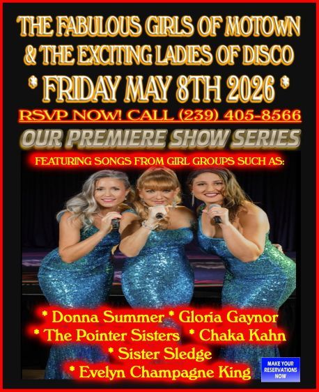 Event flyer for a Motown and Disco show on Friday, May 8th, 2026. Includes call to action and musical artist list.