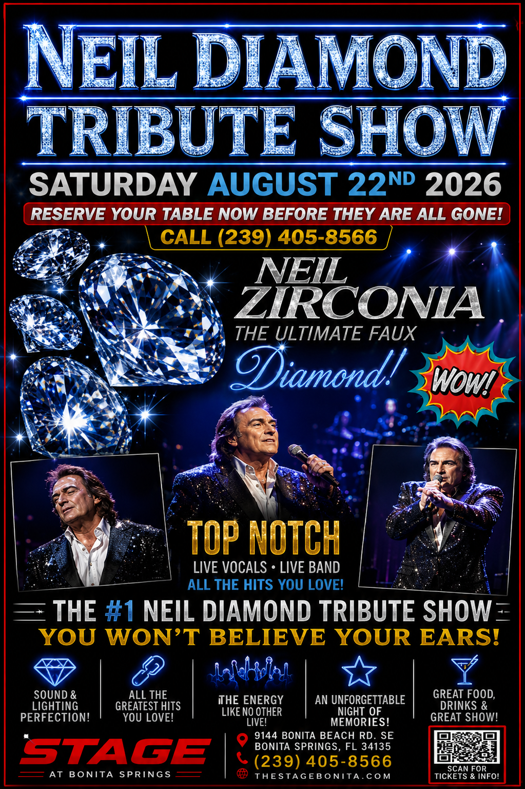 Neon blue and red poster for a Neil Diamond tribute show with performer photos and concert details