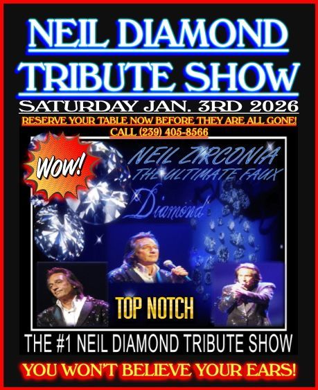 Poster for a Neil Diamond tribute show on January 3rd, 2026. Includes performers and contact info.