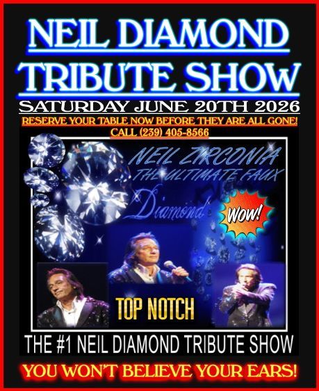 Neil Diamond tribute show poster, Saturday June 20, 2026, with concert photos and fireworks