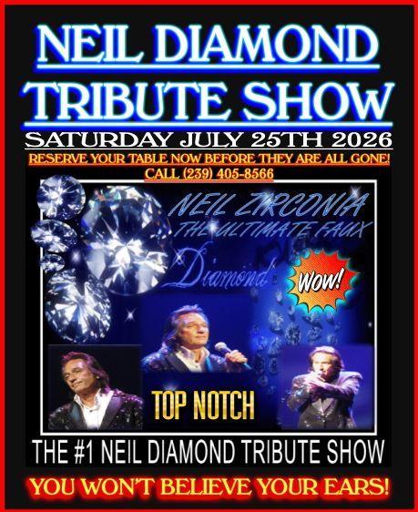 Neil Diamond tribute show poster with fireworks, singer photos, and July 25, 2026 date details