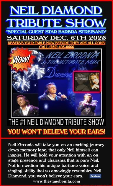 Advertisement for a Neil Diamond tribute show featuring Neil Zirconia and Barbra Streisand.