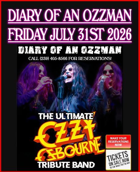 Diary of an Ozzman tribute concert poster, Friday July 31st 2026, with neon band art and ticket info