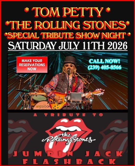 Tom Petty and The Rolling Stones tribute show poster, Saturday July 11, 2026, red-and-black concert design