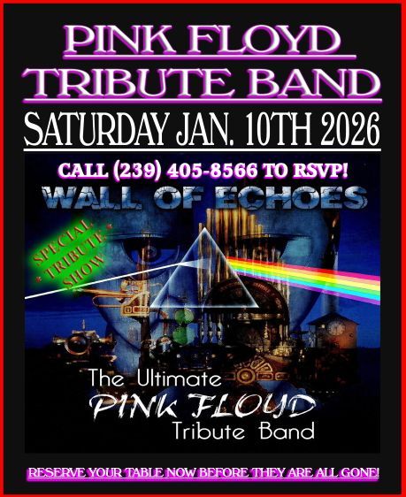 Pink Floyd tribute band concert advertisement. Features band name, date, phone number, and concert graphic with a prism.