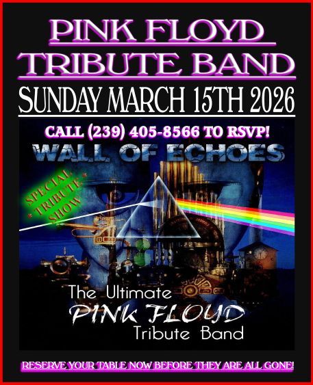 Pink Floyd tribute band concert poster. Features band name, date (March 15, 2026), RSVP phone number, and iconic album art imagery.