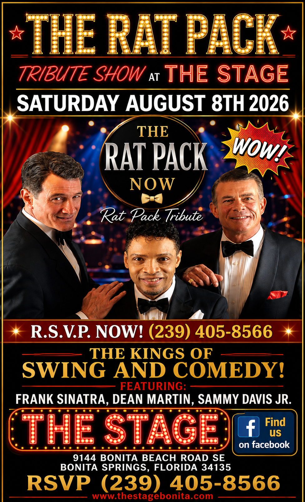 Poster for The Rat Pack tribute show, Saturday August 8th 2026, with three performers and event details.