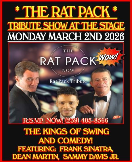 Poster for a Rat Pack tribute show at The Stage on March 2, 2026, featuring Frank Sinatra, Dean Martin, and Sammy Davis Jr.