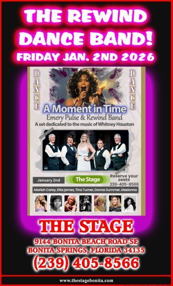 Flyer: The Rewind Dance Band! Friday, Jan. 2nd, 2026, at The Stage. Featuring 