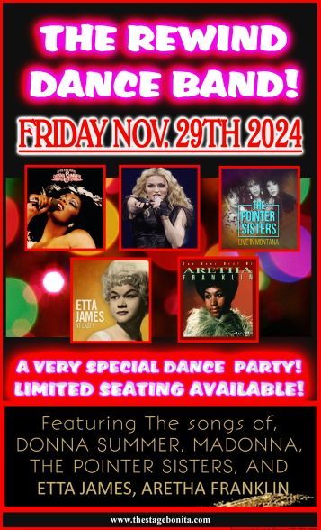 A poster for the rewind dance band featuring donna summer madonna the pointer sisters and etta james