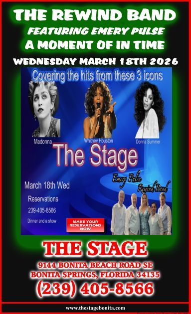 Promotional poster for The Rewind Band. They will perform hits from Madonna, Donna Summer, and Cher at The Stage in Bonita Springs, FL on March 18, 2026.