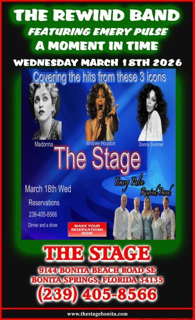 Promotional poster for The Rewind Band. They will perform hits from Madonna, Donna Summer, and Cher at The Stage in Bonita Springs, FL on March 18, 2026.