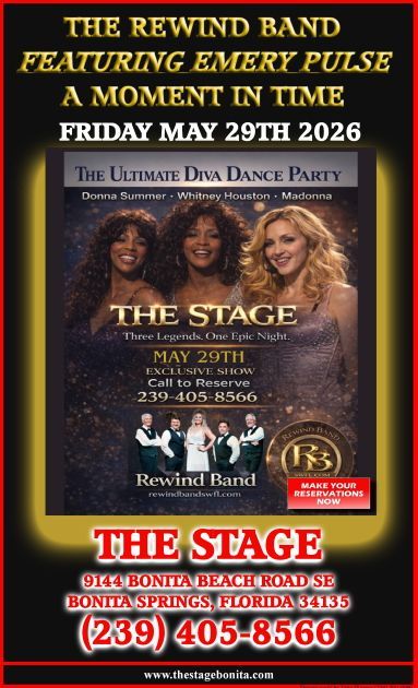 Concert flyer for The Rewind Band featuring Emery Pulse at The Stage, May 29, 2026, with phone number and event details