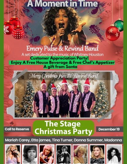 Christmas party flyer for The Stage featuring 
