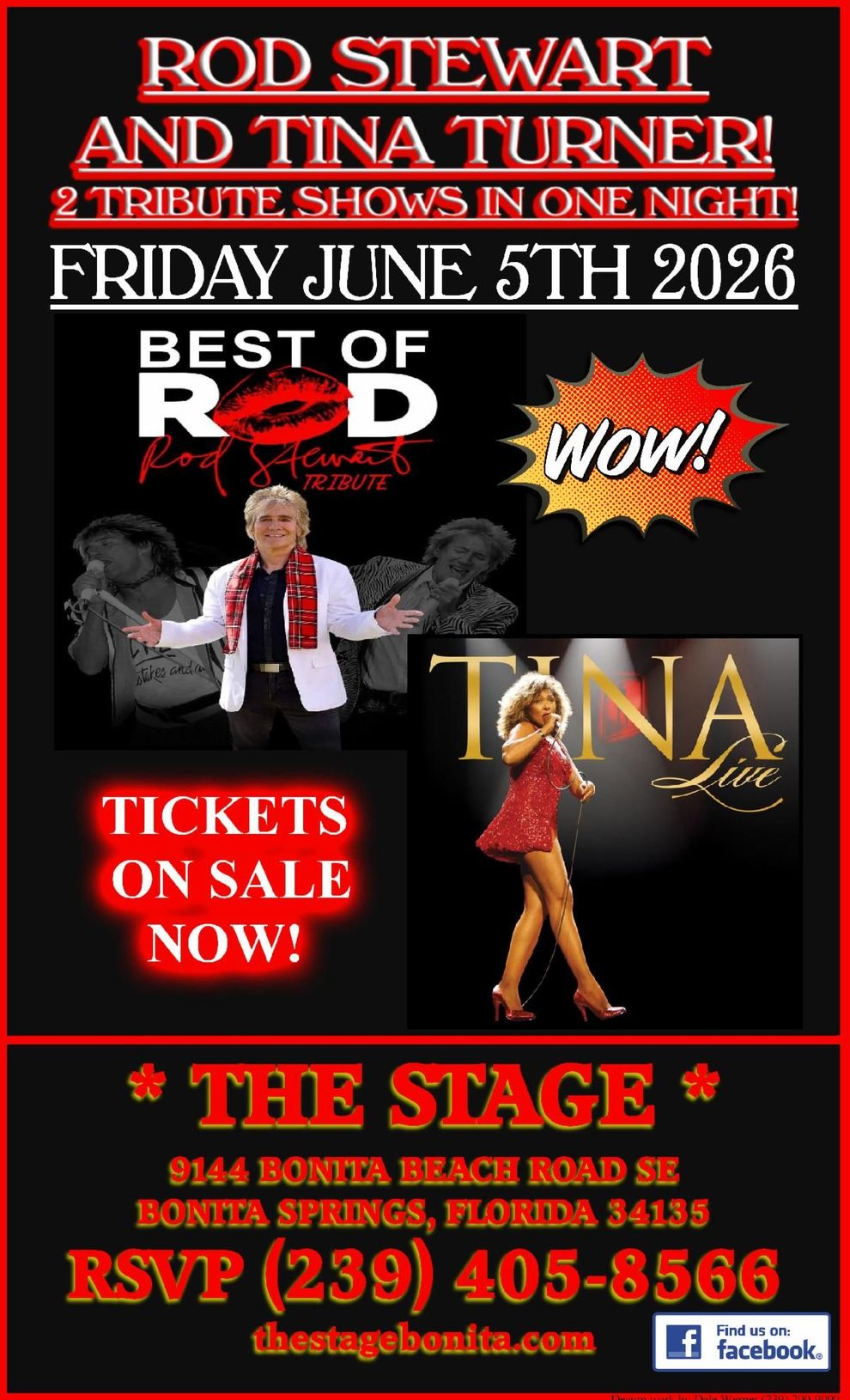 Rod Stewart and Tina Turner tribute show poster at The Stage, Friday June 5th 2026, with ticket and RSVP details