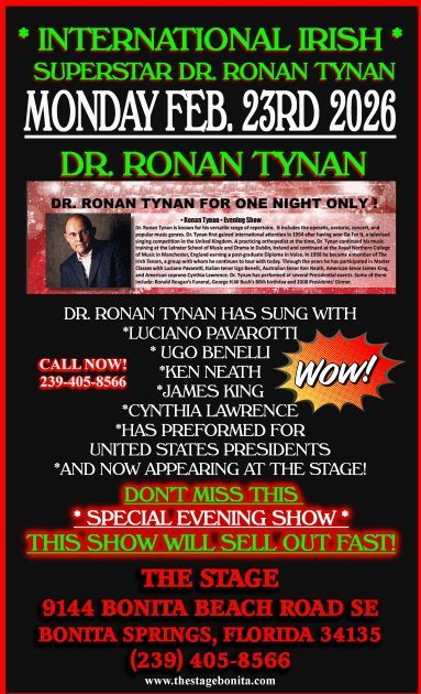 Concert poster for Dr. Ronan Tynan, Bonita Springs, Florida, Feb. 23, 2026. Features performers and a 