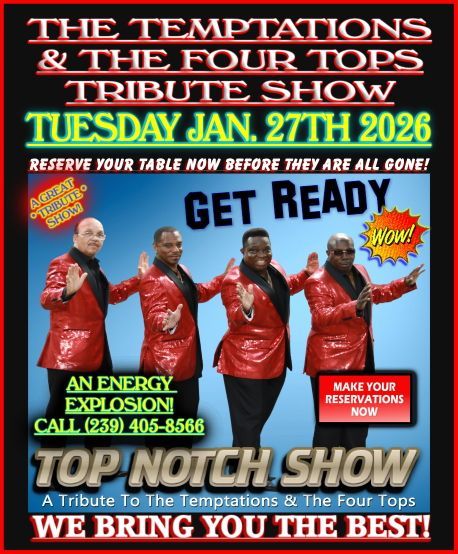 Promotional poster for a Temptations & Four Tops tribute show on Jan 27, 2026. Performers in red sequined jackets.