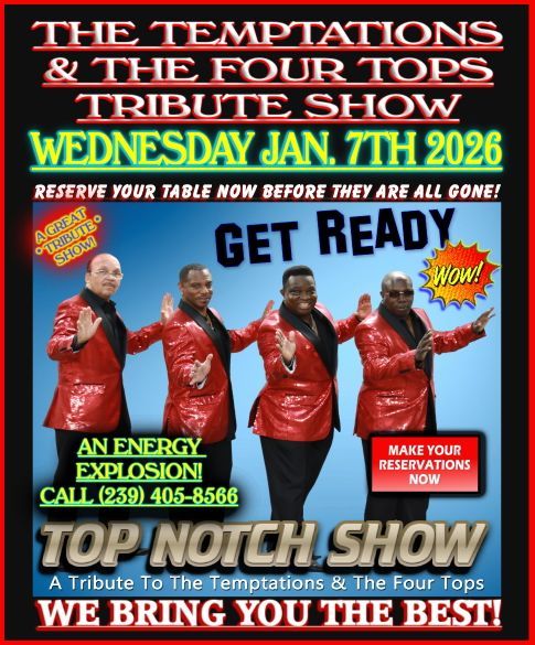 Poster for a Temptations & Four Tops tribute show. Four men in red sequined jackets on a blue background.
