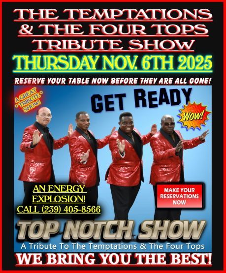 Poster: Tribute show featuring four men in red sequined jackets, promoting a Temptations and Four Tops tribute show on November 6, 2025.