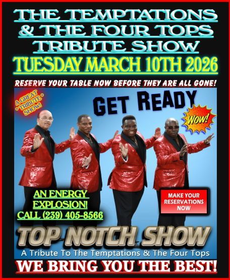 Promotional poster: Tribute show for The Temptations & Four Tops on March 10, 2026. Performers in red jackets.