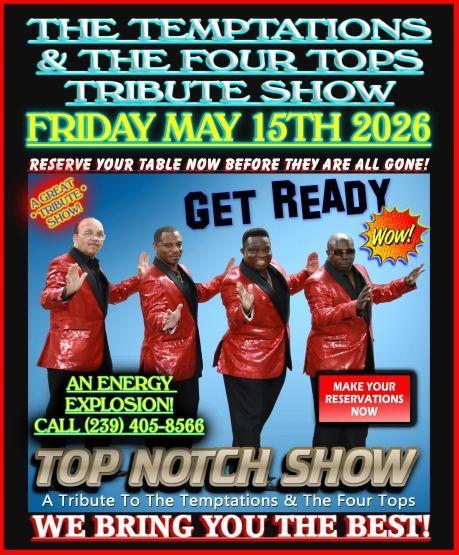 Poster for “The Temptations & The Four Tops Tribute Show” on Friday May 15th, 2026, with four singers in red jackets.