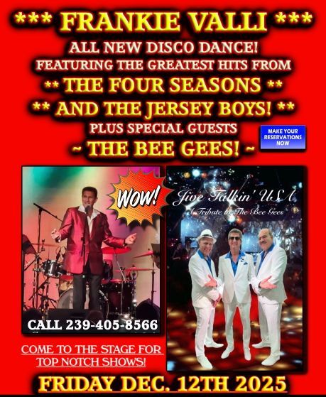 Concert flyer: Frankie Valli disco dance, featuring hits from Four Seasons, Jersey Boys. Special guests: Bee Gees. Friday, Dec. 12, 2025.