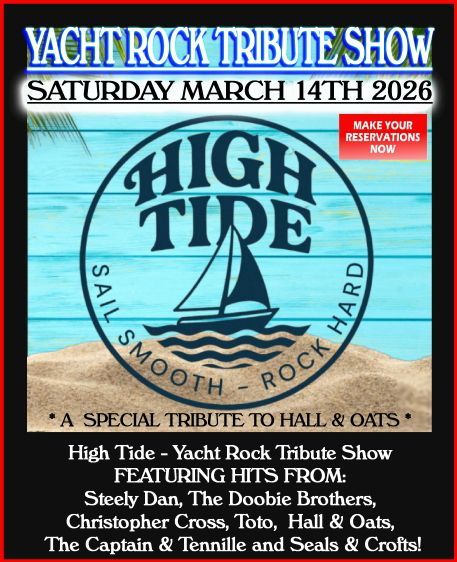 Poster for a Yacht Rock Tribute Show on March 14, 2026, featuring 