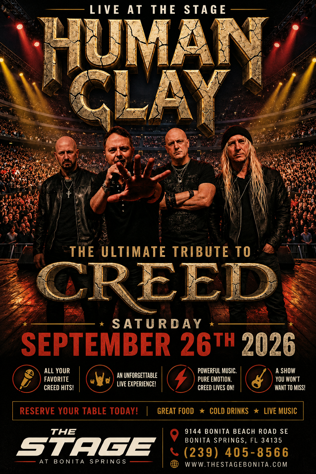 Human Clay tribute to Creed concert poster at The Stage, with four band members and fiery orange lights